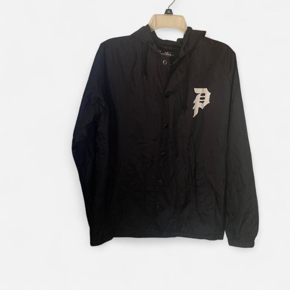 Black windbreaker with white p
